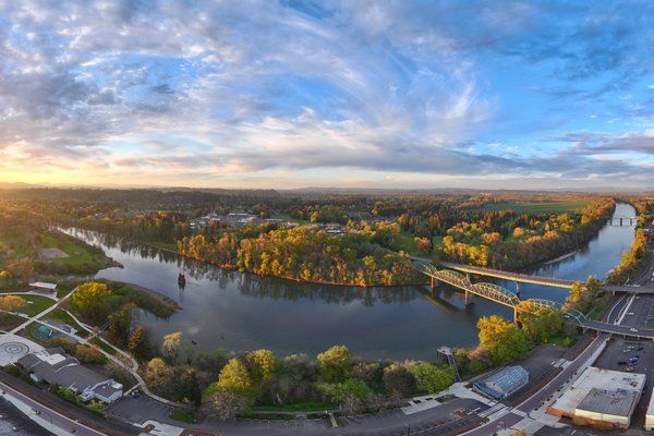 Aerial panorama of Albany, Oregon at sunset